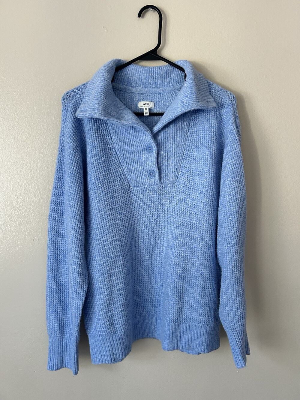 Aerie Blue Waffle Knit Oversized Pullover Sweater Collar Button Up Sz XXS TTP